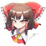  1girl ahoge bangs blush bow brown_eyes brown_hair closed_mouth collared_shirt commentary_request eyebrows_visible_through_hair eyelashes frills hair_between_eyes hair_bow hair_ornament hair_tubes hakurei_reimu kaitojaja19980520 large_bow looking_at_viewer necktie red_bow red_vest shirt short_hair signature simple_background solo touhou upper_body v-shaped_eyebrows vest white_background white_shirt yellow_necktie 