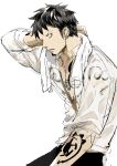  1boy absurdres black_hair from_side hand_up highres looking_at_viewer male_focus one_piece see-through_shirt shirt sleeves_rolled_up solo tachibana_(7k_yj) tattoo trafalgar_law wet wet_clothes wet_shirt white_background 