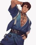  1boy abs artist_name belt bracelet brown_hair commission gloves highres japanese_clothes jewelry jouvru kimono looking_at_viewer male_focus muscular necklace original pectoral_cleavage pectorals scar solo tattoo violet_eyes yukata 