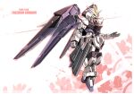  character_name check_commentary cherry_blossoms commentary_request english_text floral_background freedom_gundam full_body gundam gundam_seed highres mecha mechanical_wings mobile_suit no_humans open_hand sibelurabbi solo spring_(season) v-fin white_background wings yellow_eyes 