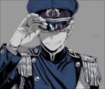  1boy bakugou_katsuki blonde_hair boku_no_hero_academia collar commentary_request gloves grey_background grin hat holding holding_clothes holding_hat male_focus mkm_(mkm_storage) red_eyes signature simple_background smile solo spiky_hair teeth white_gloves 