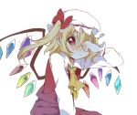  1girl adapted_costume angry arm_support ascot bangs blush closed_mouth covering_one_eye crying crying_with_eyes_open crystal eyebrows_visible_through_hair flandre_scarlet frilled_shirt_collar frills frown hair_between_eyes hand_up hat long_sleeves mob_cap one_side_up puffy_long_sleeves puffy_sleeves red_skirt red_vest sasaki_sakiko short_hair_with_long_locks simple_background skirt solo tears touhou vest white_background wings yellow_ascot 