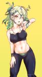  1girl absurdres alternate_costume black_legwear ceres_fauna green_hair highres hololive hololive_english horns kenji17 multicolored_hair one_eye_closed sports_bra stomach sweat virtual_youtuber yellow_background yellow_eyes 