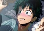  1boy 1other bed_sheet blurry blush boku_no_hero_academia depth_of_field green_eyes green_hair holding_another&#039;s_wrist lens_flare light male_focus midoriya_izuku mkm_(mkm_storage) pinned signature solo_focus tearing_up teeth 