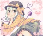  1girl floral_print flower hair_between_eyes hand_on_own_cheek hand_on_own_face hand_up hat hayu_(hayu_e) heart heart_of_string komeiji_koishi light_smile long_sleeves looking_at_viewer rose shirt skirt solo third_eye touhou wide_sleeves yellow_shirt 