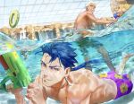  3boys archer_(fate) archer_(water_gun_battle)_(fate) blue_hair commentary_request cu_chulainn_(fate) cu_chulainn_(fate/stay_night) cu_chulainn_(water_gun_battle)_(fate) dark_skin earrings fate/grand_order fate_(series) fingering gilgamesh_(fate) gilgamesh_(water_gun_battle)_(fate) grey_eyes highres holding holding_water_gun jewelry long_hair looking_at_viewer looking_away male_focus male_swimwear multiple_boys official_alternate_costume ohhagi_4423 ponytail pool red_eyes short_hair shorts smile swimming swimming_gesture teeth toned toned_male water water_gun white_hair 