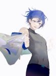  1boy :d beileimao blue_eyes blue_hair highres jacket jacket_partially_removed kaito_(vocaloid) male_focus partially_undressed sleeveless smile solo vocaloid white_background wind 