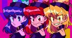  3girls black_shirt blonde_hair blue_eyes blue_hair breasts chain closed_mouth earth_(ornament) gold_chain grin hecatia_lapislazuli hecatia_lapislazuli_(earth) hecatia_lapislazuli_(moon) moon_(ornament) multiple_girls multiple_persona off-shoulder_shirt off_shoulder pink_background polos_crown red_eyes redhead shirt small_breasts smile t-shirt takayo_(user_yeah3737) touhou yellow_eyes 