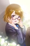  1girl :d absurdres black_legwear blazer blue_bow blue_bowtie bow bowtie brown_hair diagonal-striped_bow diagonal-striped_neckwear diagonal_stripes fuyuu310 glasses highres jacket koizumi_hanayo long_sleeves looking_at_viewer love_live! love_live!_school_idol_project medium_hair open_mouth otonokizaka_school_uniform pantyhose school_uniform semi-rimless_eyewear shiny shiny_hair sitting smile solo striped under-rim_eyewear violet_eyes 