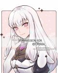  1girl closed_mouth cosplay eyebrows_visible_through_hair fire_emblem fire_emblem:_three_houses long_hair looking_at_viewer lysithea_von_ordelia melia_antiqua melia_antiqua_(cosplay) pink_eyes simple_background smile solo white_hair 