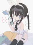  1girl :o aqua_eyes arm_cuffs arm_support bandaid bandaid_on_leg bare_arms bare_shoulders bed_sheet between_legs black_choker black_hair black_legwear black_necktie blue_eyes bow bow_hairband cable carrot carrot_pillow choker cowboy_shot daizu_(melon-lemon) detached_collar eyes_visible_through_hair fake_tail fang film_grain food food_bite from_above from_side furrowed_brow gloves gradient_eyes grey_background groin hair_between_eyes hair_bow hair_ornament hairband hand_between_legs hand_up head_tilt heterochromia holding holding_carrot holding_food holding_vegetable implied_vibrator leaf leotard long_hair looking_at_viewer looking_to_the_side looking_up multicolored_eyes muted_color necktie no_nose original parted_lips rabbit_tail saliva saliva_trail sidelocks sitting skin_fang solo straight_hair strapless strapless_leotard stuffed_carrot sweat symbol_in_eye tail thick_eyelashes thigh-highs twintails vegetable white_bow white_gloves white_hairband white_leotard wing_collar wing_hair_ornament x_hair_ornament 
