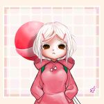  1girl brown_eyes candy cookie_run food frown highres hood hoodie hoodie_removed lollipop messy_hair moe_kayjay patterned_background personification solo square strawberry_cookie white_hair 