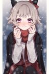  1girl absurdres animal_ears bangs black_jacket blush closed_mouth cold curren_chan_(umamusume) ear_bow grey_hair hands_up highres horse_ears jacket jacket_on_shoulders long_sleeves looking_at_viewer nose_blush scarf short_hair sleeves_past_wrists smile snow solo twitter_username umamusume violet_eyes wa. 