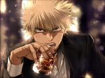  1boy bakugou_katsuki black_jacket blonde_hair blurry boku_no_hero_academia cup depth_of_field drinking_glass holding holding_cup ice jacket lens_flare light male_focus mkm_(mkm_storage) open_mouth red_eyes shirt signature solo spiky_hair teeth tongue white_shirt 