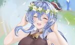  1girl ^_^ ^o^ armpits bare_shoulders bell blue_hair breasts closed_eyes cowbell flower flower_on_head ganyu_(genshin_impact) genshin_impact hair_flower hair_ornament hands_up happy horns large_breasts open_mouth petals sleeveless smile solo toba_toba 