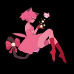  1girl absurdres animal_ears black_eyes boots bow cat_ears cat_girl cat_tail dress english_commentary floating hair_behind_ear highres ikumi_mia_(mangaka) magical_girl masha_(tokyo_mew_mew) mew_ichigo milkoe momomiya_ichigo pink_dress red_bow red_footwear sitting solo tail tail_bow tail_ornament thigh_strap tokyo_mew_mew 