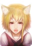  1girl animal_ear_fluff animal_ears asymmetrical_hair bangs blonde_hair brown_vest commentary_request cookie_(touhou) fox_ears fox_girl highres khn_(kihana) looking_at_viewer medium_hair miramikaru_riran open_mouth red_eyes shirt sidelocks simple_background solo tongue tongue_out transparent_background upper_body vest white_shirt 