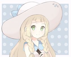  1girl artist_name bag blonde_hair braid chocomiru closed_mouth dress eyebrows green_eyes handbag hat lillie_(pokemon) long_hair pokemon pokemon_(game) pokemon_sm polka_dot smile solo sun_hat upper_body white_dress 