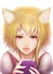 1girl animal_ear_fluff animal_ears asymmetrical_hair bangs blonde_hair brown_vest commentary_request cookie_(touhou) fox_ears fox_girl highres holding khn_(kihana) looking_at_viewer medium_hair miramikaru_riran open_mouth red_eyes saliva shirt sidelocks simple_background solo tongue tongue_out upper_body vest white_shirt 