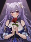  1girl bare_shoulders blush braid breasts double_bun dress flower frilled_sleeves frills genshin_impact hair_bun hair_ornament hairclip highres holding holding_flower keqing_(genshin_impact) large_breasts looking_at_viewer purple_hair red_flower red_rose rose smile solo soukoku spotlight twintails upper_body violet_eyes 