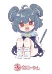  1girl ahoge angry animal_ear_fluff animal_ears arm_support bangs bare_legs blush bright_pupils capelet chibi commentary_request cookie_(touhou) dot_nose dress eyebrows_visible_through_hair full_body grey_dress grey_hair hair_between_eyes knees_to_chest legs_together long_sleeves looking_at_viewer mouse_ears mouse_tail nazrin no_shoes nyon_(cookie) open_mouth red_eyes short_hair simple_background sitting socks solo tail touhou translation_request tsuzuchii white_background white_legwear white_pupils white_sleeves 
