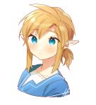  1boy bangs blue_eyes blue_shirt cropped_shoulders eyebrows_visible_through_hair grey_background link ponytail portrait shiny shiny_hair shirt short_hair simple_background solo the_legend_of_zelda the_legend_of_zelda:_breath_of_the_wild ttanuu. 