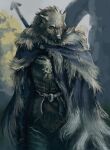  1boy animal_head armor blaidd_the_half-wolf breastplate closed_mouth cowboy_shot elden_ring eyrri furry furry_male highres male_focus one_eye_closed outdoors solo standing sword violet_eyes weapon weapon_on_back 