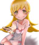  1girl bakemonogatari bare_shoulders blonde_hair blush_stickers buket_pudding_i closed_mouth collarbone dress food long_hair looking_at_viewer monogatari_(series) oshino_shinobu pointy_ears simple_background smile solo strap_slip white_background yellow_eyes 