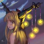  1girl :o absurdres bangs bare_shoulders bing_(01969) blonde_hair blunt_bangs blush bow brown_eyes brown_shirt chinese_commentary clouds commentary_request crescent dated eyebrows_visible_through_hair from_side glowing hair_bow highres horn_bow horn_ornament horns ibuki_suika long_hair looking_at_viewer looking_back oni oni_horns open_mouth purple_bow red_bow shirt signature sleeveless sleeveless_shirt star_(symbol) touhou upper_body 