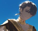  1boy bangs blue_sky closed_mouth earrings egyptian_clothes jewelry koeda_(k83_4) looking_at_viewer marius_von_hagen_(tears_of_themis) necklace outdoors purple_hair short_hair sky smile solo tears_of_themis twitter_username violet_eyes 