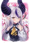  1girl ascot black_horns closed_mouth floral_background highres hololive horns la+_darknesss long_hair looking_at_viewer misekiss multicolored_hair pointy_ears purple_hair solo streaked_hair striped striped_horns upper_body virtual_youtuber white_hair yellow_ascot yellow_eyes 