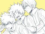  3boys angry bakugou_katsuki boku_no_hero_academia burn_scar clenched_teeth collar commentary_request eyebrows_visible_through_hair freckles happy looking_at_viewer midoriya_izuku mkm_(mkm_storage) monochrome multiple_boys open_mouth raised_eyebrows scar scar_on_face signature simple_background teeth todoroki_shouto yellow_background 