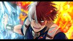  1boy blue_eyes boku_no_hero_academia burn_scar fire grey_eyes heterochromia highres ice incoming_attack looking_at_viewer male_focus mkm_(mkm_storage) multicolored_hair open_mouth redhead scar scar_on_face signature solo split-color_hair teeth todoroki_shouto tongue two-tone_hair u.a._gym_uniform white_hair 