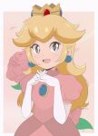  1980s_(style) blonde_hair blue_eyes brooch chocomiru crown dress earrings floral_background flower gloves jewelry long_dress long_hair pink_dress princess princess_peach retro_artstyle rose super_mario_bros. tiara upper_body white_gloves 