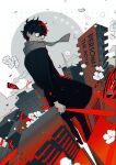  1boy absurdres amamiya_ren bangs baseball_bat black_coat btmr_game building calling_card closed_mouth coat copyright_name flower glasses hair_between_eyes highres holding holding_baseball_bat long_sleeves looking_at_viewer male_focus opaque_glasses pants persona persona_5 persona_5_the_royal petals scarf signature solo star_(symbol) symbol-only_commentary white_flower 