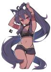  1girl absurdres ahoge animal_ears arms_up bangs bikini breasts cat_ears collarbone cowboy_shot dark-skinned_female dark_skin eyebrows_visible_through_hair hair_tie hair_tie_in_mouth highres long_hair looking_at_viewer medium_breasts mouth_hold navel original ponytail purple_hair red_eyes shorts solo standing stomach swimsuit thigh_gap thong white_background wide_hips zizi_niisan 