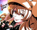  1girl brown_eyes brown_hair fingerless_gloves gloves guilty_gear hat long_hair looking_at_viewer may_(guilty_gear) orange_headwear smile solo tongue tongue_out tukiwani v 