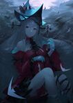  3syo :o afloat arknights bare_shoulders dress foot_out_of_frame frills gloves grey_hair hair_ornament hat highres leg_ribbon long_hair looking_at_viewer neckerchief red_dress red_eyes ribbon skadi_(arknights) skadi_the_corrupting_heart_(arknights) sleeve_garter very_long_hair 