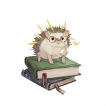  animal animal_focus book book_stack closed_mouth electricity expressionless glasses hedgehog looking_at_viewer no_humans original riesun shadow simple_background spiky_hair symbol-only_commentary toes white_background 