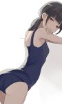  1girl ass bangs black_hair blunt_bangs breasts eyebrows_visible_through_hair highres hiroki_(yyqw7151) looking_at_viewer one-piece_swimsuit original red_eyes short_hair small_breasts solo swimsuit 