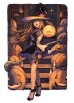  1girl bangs brown_hair candle choker detached_sleeves dress eyebrows_visible_through_hair halloween hat high_heels holding holding_staff jack-o&#039;-lantern long_hair looking_at_viewer muraicchi_(momocchi) open_mouth original pumpkin solo staff strapless strapless_dress thigh_strap violet_eyes witch_hat 