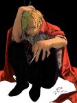  1boy 4myaku1 black_pants blonde_hair cape cigarette facial_hair hair_over_one_eye hand_on_own_head highres holding holding_cigarette male_focus one_piece pants red_cape sanji shirt simple_background solo squatting white_shirt 