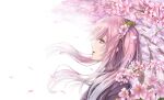  1girl aqua_eyes cherry_blossoms floating_hair flower hair_flower hair_ornament highres long_hair open_mouth original pink_flower pink_hair profile re_(re_09) solo twintails upper_body very_long_hair white_background 
