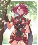  1girl bangs black_gloves breasts chest_jewel earrings fingerless_gloves gem gloves headpiece highres jewelry large_breasts mitsumachi_senji pyra_(xenoblade) red_eyes red_legwear red_shorts redhead short_hair short_shorts shorts solo swept_bangs thigh-highs tiara xenoblade_chronicles_(series) xenoblade_chronicles_2 