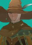 1boy blue_background blue_eyes brown_cape brown_headwear cape chacha_(o0artemisia0o) elden_ring hat hat_feather highres jewelry looking_at_viewer male_focus necklace one_eye_covered simple_background smile solo sorcerer_rogier tassel witch_hat 