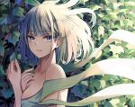  1girl bangs bare_shoulders blue_eyes blue_hair blush breasts day highres leaf looking_at_viewer medium_hair nicky_w original parted_lips smile solo sunlight upper_body 