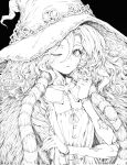  1girl black_background closed_mouth cracked_skin dress elden_ring extra_arms flat_chest fur_cloak greyscale hair_between_eyes hair_twirling hat highres joints long_hair looking_at_viewer mia_(39565899) monochrome one_eye_closed ranni_the_witch simple_background solo witch_hat 