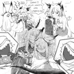  ! 2girls 2others alternate_costume anger_vein animal_ears arknights biting buttons camera cape coat crossed_arms dlanon dragon_girl dragon_horns dragon_tail ear_biting ear_ornament english_text eyebrows_visible_through_hair frostnova_(arknights) fur-trimmed_hood fur_trim gloves greyscale hair_ornament hairclip heart height_difference holding holding_camera hood hood_up horns long_hair long_sleeves monochrome multiple_girls multiple_others open_mout rabbit_ears ribbed_sweater simple_background sleeping speech_bubble spoken_exclamation_mark sweater tail tail_wrap talulah_(arknights) turtleneck turtleneck_sweater white_background yuri 