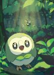  animal_focus bird black_eyes bright_pupils commentary day forest highres kienai_11 leaf light_rays looking_up nature no_humans open_mouth outdoors owl pokemon pokemon_(creature) rowlet solo tongue tree water_drop white_pupils 