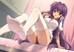  1girl bangs bed blush breasts buruma clannad commentary_request curtains eyebrows_visible_through_hair feet fujibayashi_kyou gym_shirt gym_uniform hair_between_eyes hair_ribbon hotaru_iori indoors long_hair looking_at_viewer medium_breasts on_bed parted_lips purple_hair red_buruma ribbon shirt short_sleeves sitting soles solo sweat teeth thigh-highs upper_teeth very_long_hair violet_eyes white_legwear white_shirt 